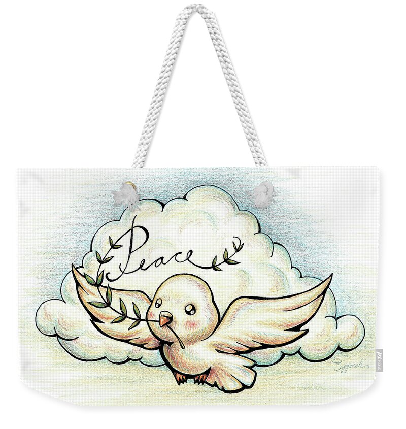 Peace Weekender Tote Bag featuring the drawing Inspirational Animal DOVE by Sipporah Art and Illustration