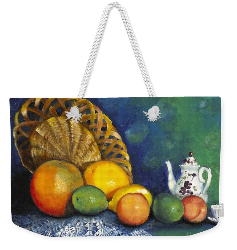 Still Life Weekender Tote Bag featuring the painting Fruit on Doily by Marlene Book