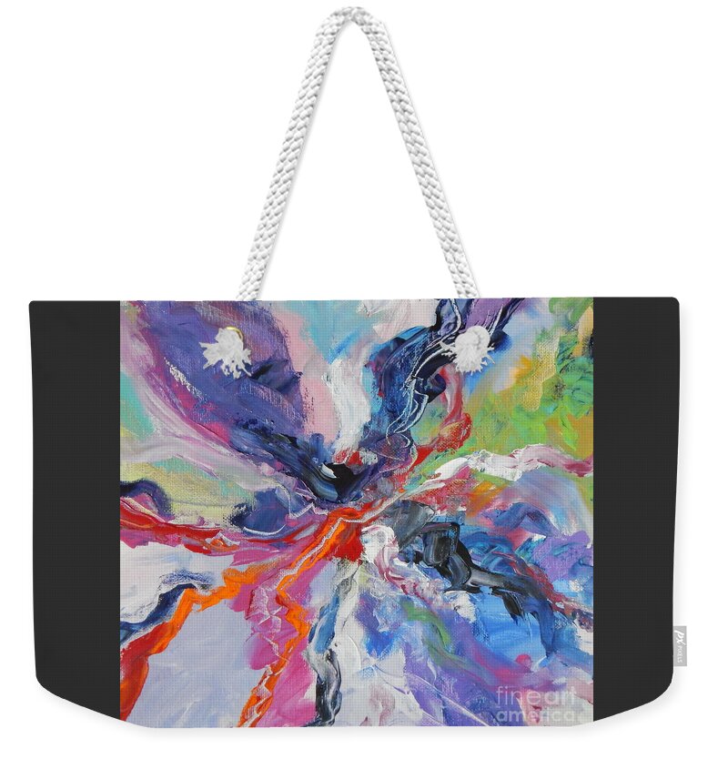  A Fulll Blooming Flower Abstrated .blue Dominates White Highlights Black Accents With Red Weekender Tote Bag featuring the painting Bloom by Priscilla Batzell Expressionist Art Studio Gallery