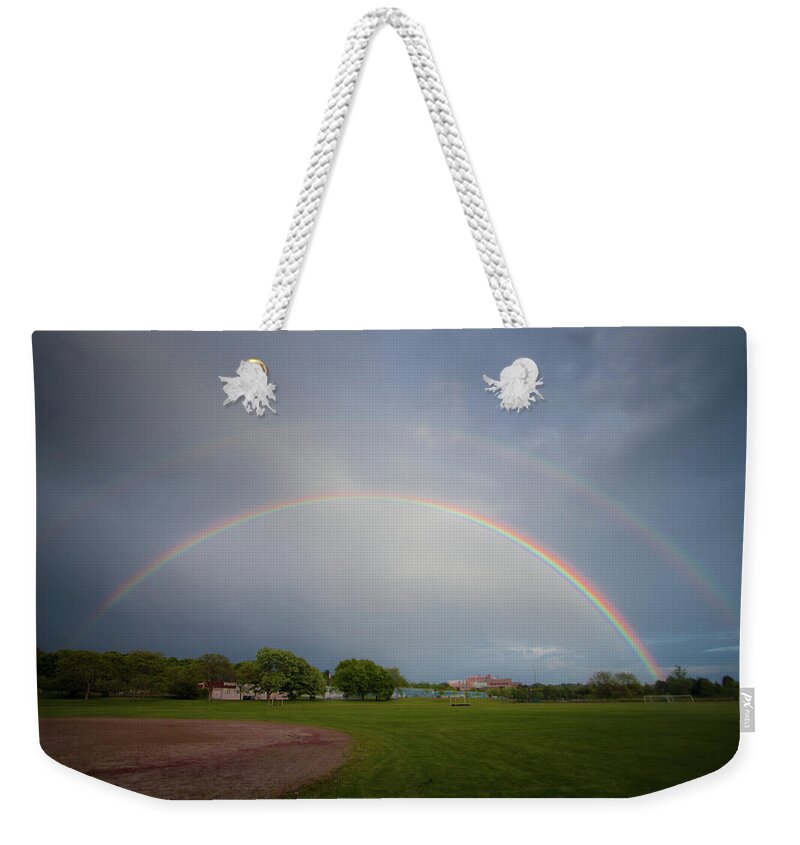 Raindown Weekender Tote Bag featuring the photograph Full Double Rainbow by Darryl Hendricks