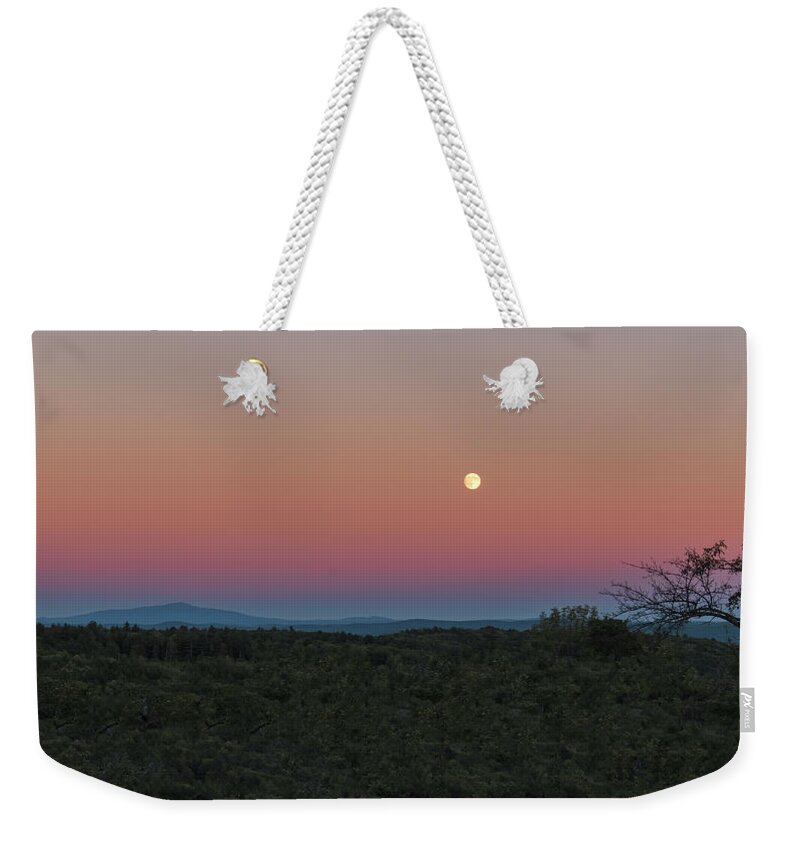 Sunset Lake Road West Brattleboro Vermont Weekender Tote Bag featuring the photograph Full Moon Horizon by Tom Singleton