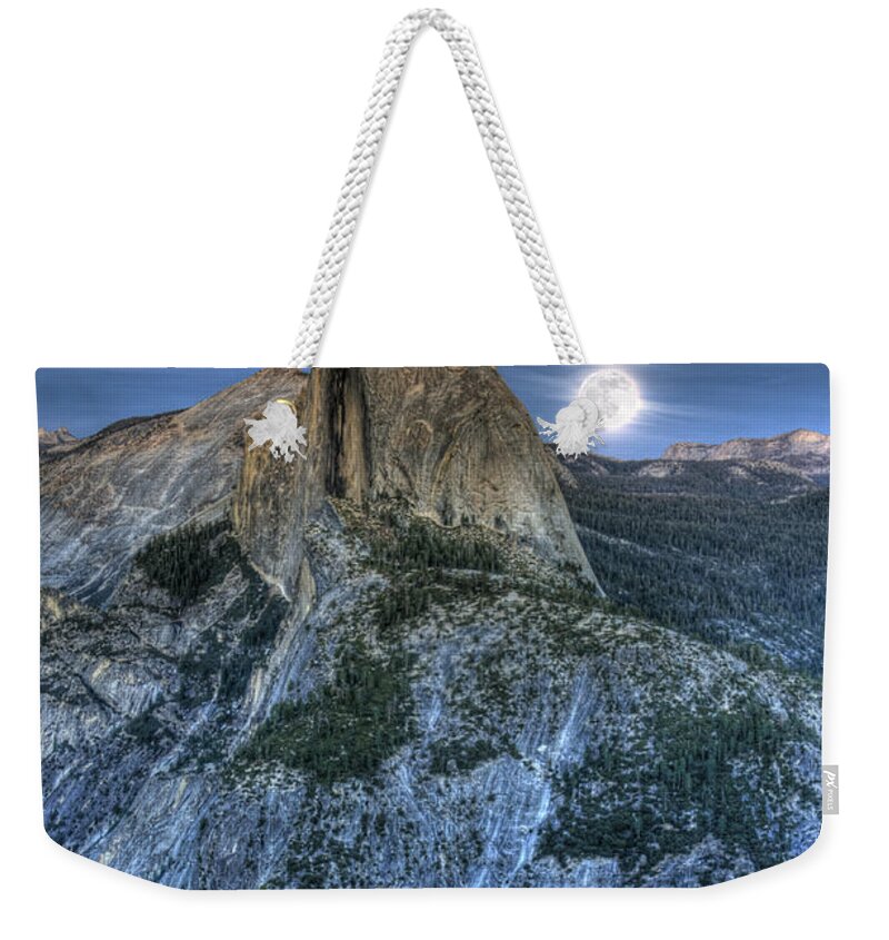 Half Dome Weekender Tote Bag featuring the photograph Full Moon rising behind Half Dome by Jim And Emily Bush