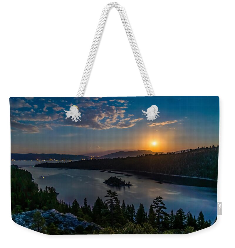 Emerald Bay Weekender Tote Bag featuring the photograph Full Moon Rising on Emerald Bay by Mike Ronnebeck