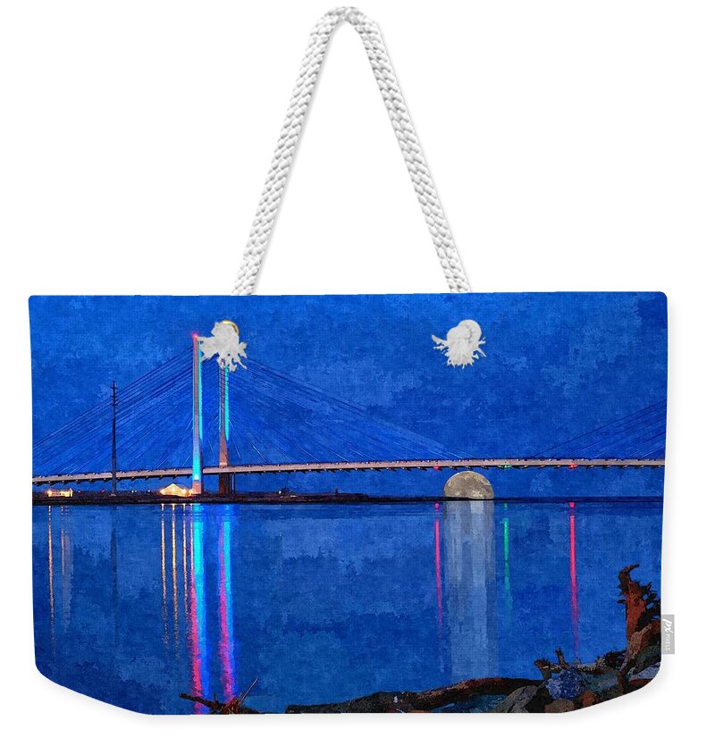 Painterly Weekender Tote Bag featuring the photograph Full Moon Rising Under the Indian River Bridge Painterly Style by Bill Swartwout