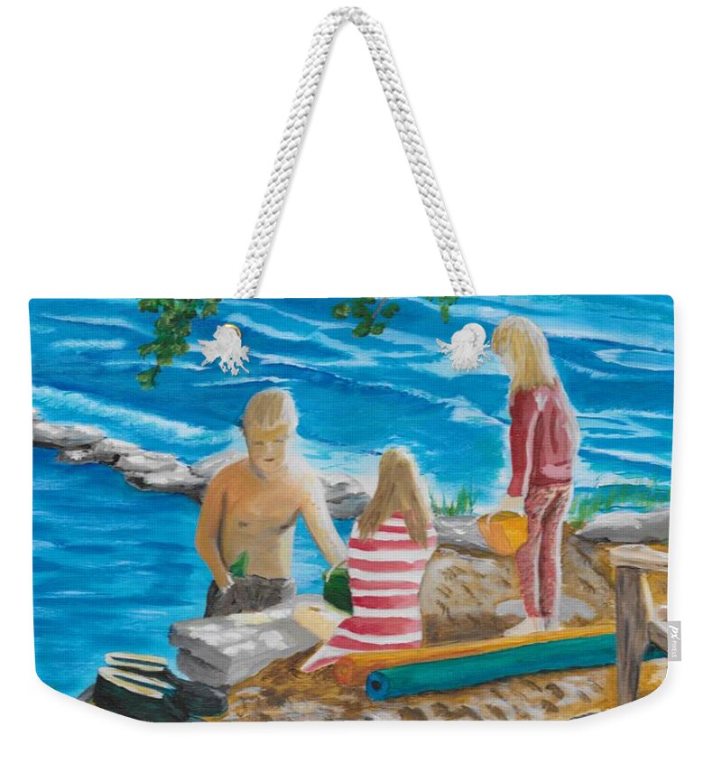 Beach Weekender Tote Bag featuring the painting Fun at the Beach by David Bigelow