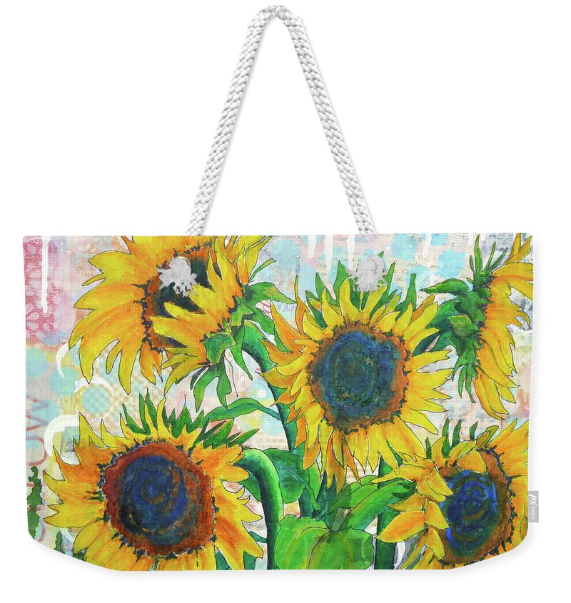 Sunflower Weekender Tote Bag featuring the painting Funflowers by Lisa Crisman
