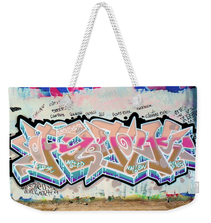 Funk Weekender Tote Bag featuring the photograph FUNK, FIRST UNITED NATION KINGS, Graffiti Art by King 157, North 11th Street, San Jose, California by Kathy Anselmo