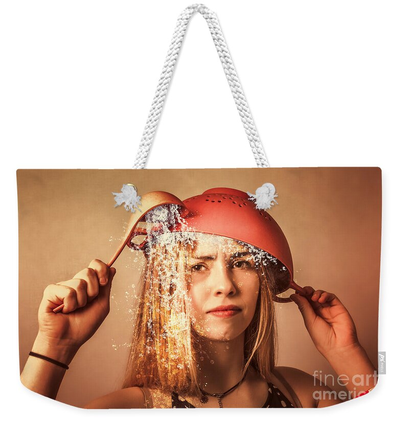 Cooking Weekender Tote Bag featuring the photograph Funny creative cooking pinup girl by Jorgo Photography