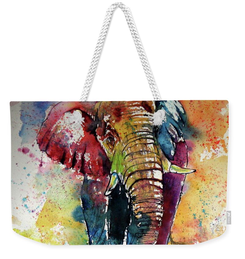 Funny Weekender Tote Bag featuring the painting Funny elephant by Kovacs Anna Brigitta