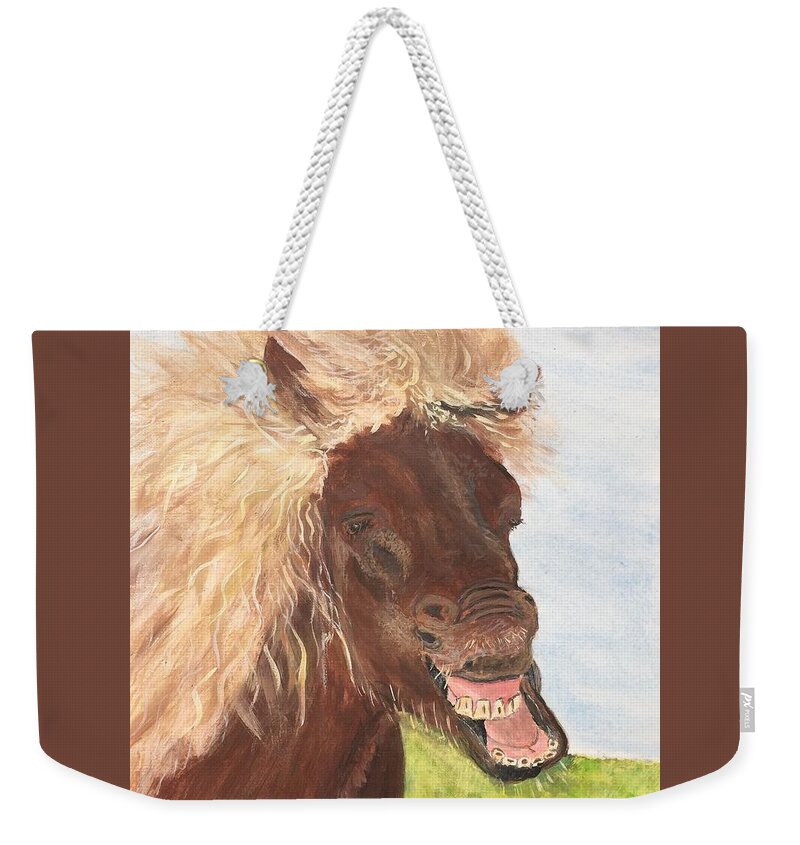 Landscape Horse Iceland Humorous Weekender Tote Bag featuring the painting Funny Iceland Horse by Anne Sands