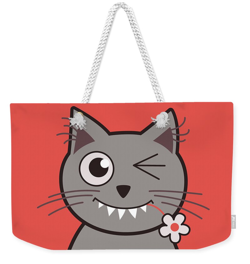 Cat Weekender Tote Bag featuring the digital art Funny Winking Cartoon Kitty Cat by Boriana Giormova