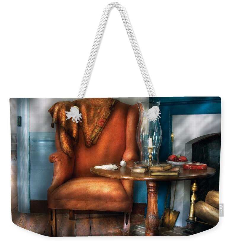 Savad Weekender Tote Bag featuring the photograph Furniture - Chair - Aunt Ruthie's Chair by Mike Savad