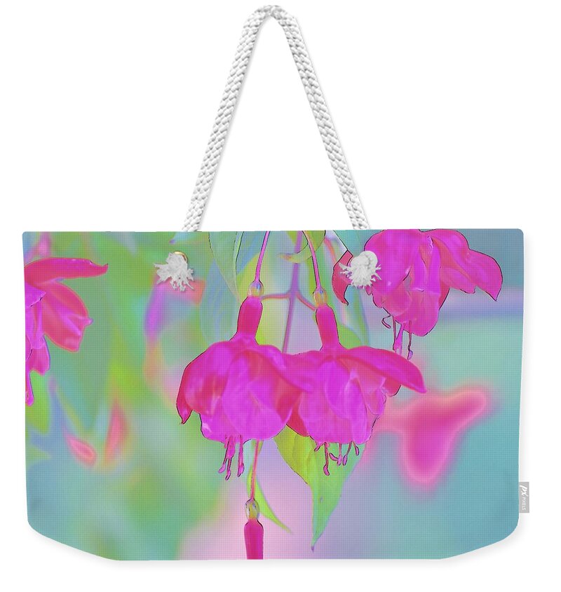 Linda Brody Weekender Tote Bag featuring the digital art Fuchsia Flower Abstract by Linda Brody