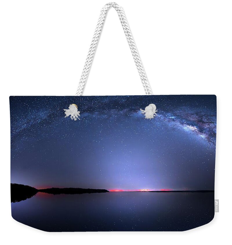 Milky Way Weekender Tote Bag featuring the photograph Galactic Lake by Mark Andrew Thomas