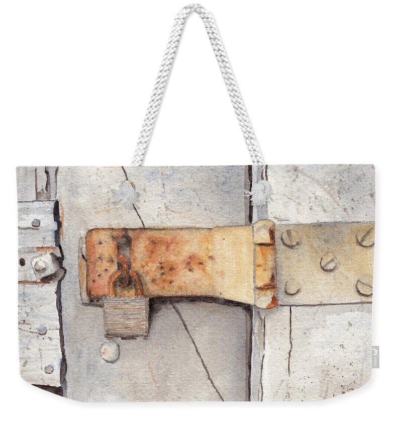 Lock Weekender Tote Bag featuring the painting Garage Lock Number Two by Ken Powers