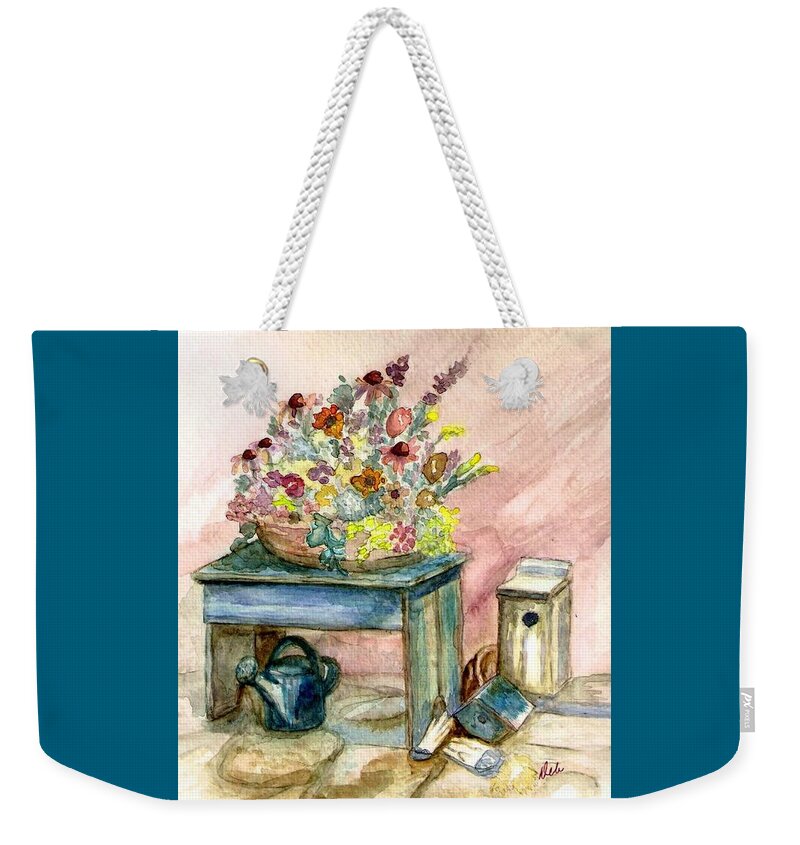 Gardening Weekender Tote Bag featuring the painting Garden Bench by Deb Stroh-Larson