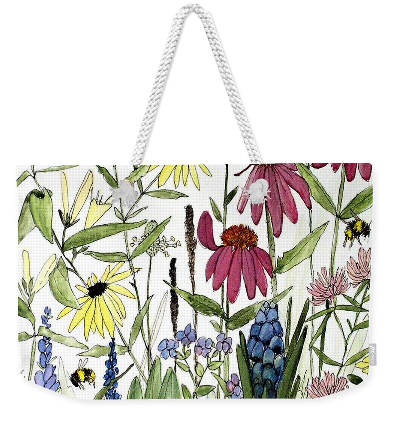Botanical Weekender Tote Bag featuring the painting Garden Flowers with Bees by Laurie Rohner