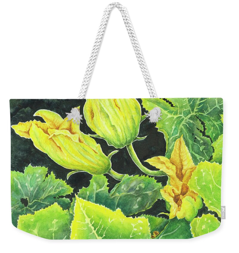 Zucchini Weekender Tote Bag featuring the painting Garden Glow by Lori Taylor