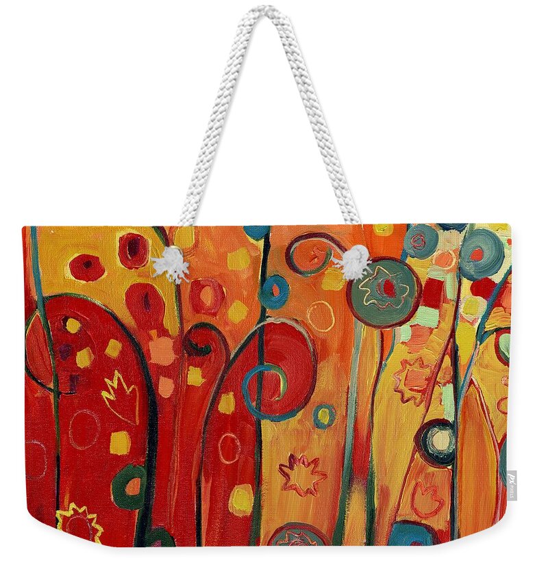 Abstract Weekender Tote Bag featuring the painting Garden Joy in Red by Jennifer Lommers