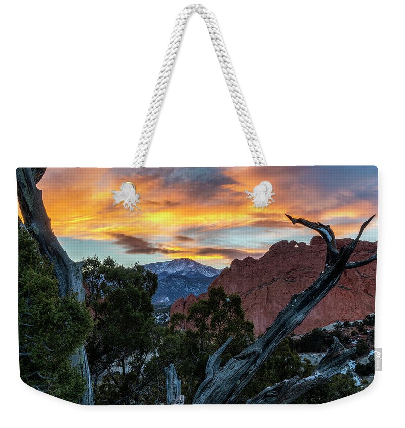 Garden Of The Gods Weekender Tote Bag featuring the photograph Garden of the Gods framed in the Twisted Tree by David Soldano