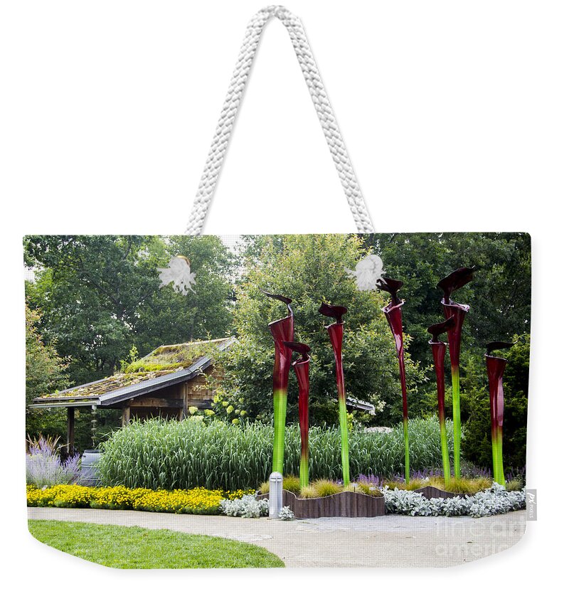 Shed Weekender Tote Bag featuring the photograph Garden Shed with Pitcher Plant Sculpture by Allen Nice-Webb