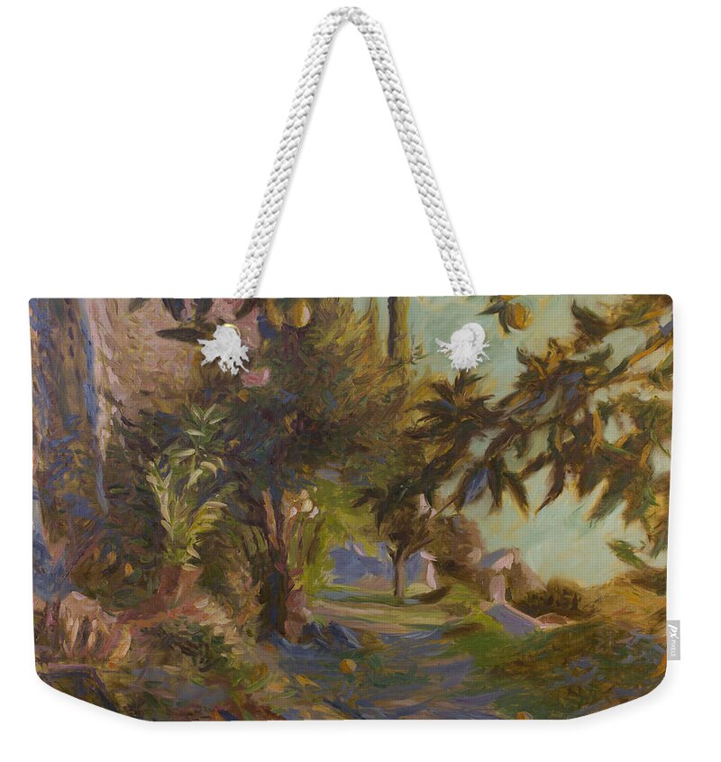 Path Weekender Tote Bag featuring the painting Garden. Sunset by Robert Nizamov