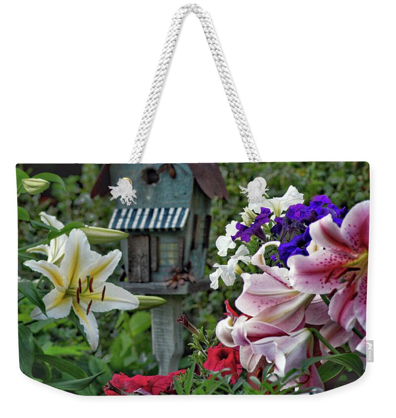 Flowers Weekender Tote Bag featuring the photograph Garden Wren House by Hans Brakob