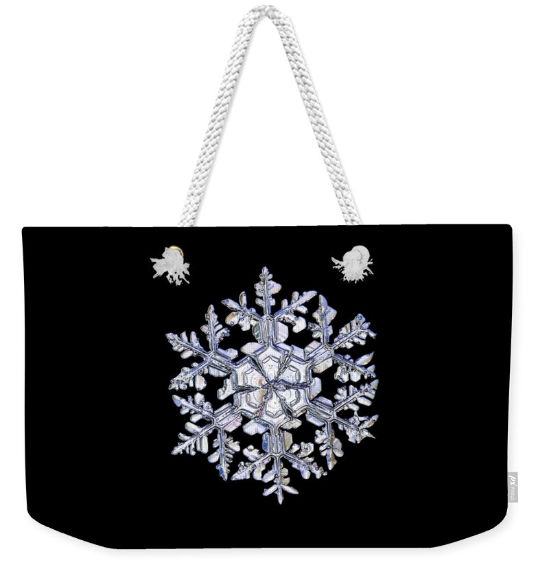 Snowflake Weekender Tote Bag featuring the photograph Gardener's dream, white on black version by Alexey Kljatov
