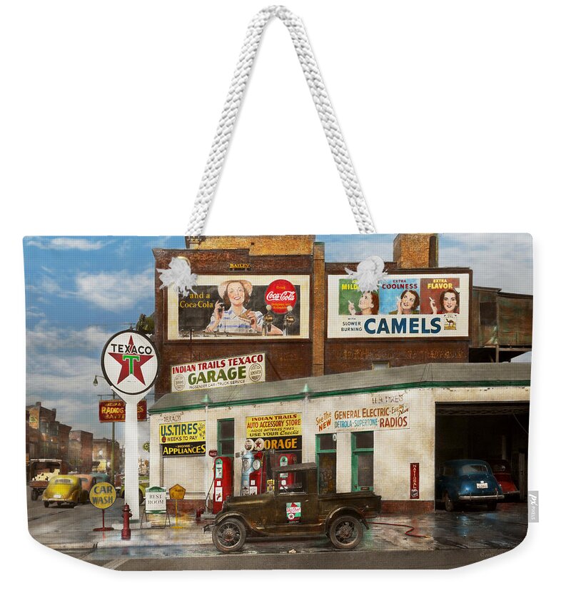 Signs Weekender Tote Bag featuring the photograph Gas Station - Benton Harbor MI - Indian Trails gas station 1940 by Mike Savad