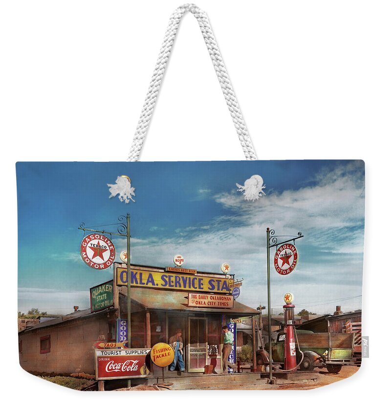 Color Weekender Tote Bag featuring the photograph Gas Station - Oklahoma Service Station 1939 by Mike Savad