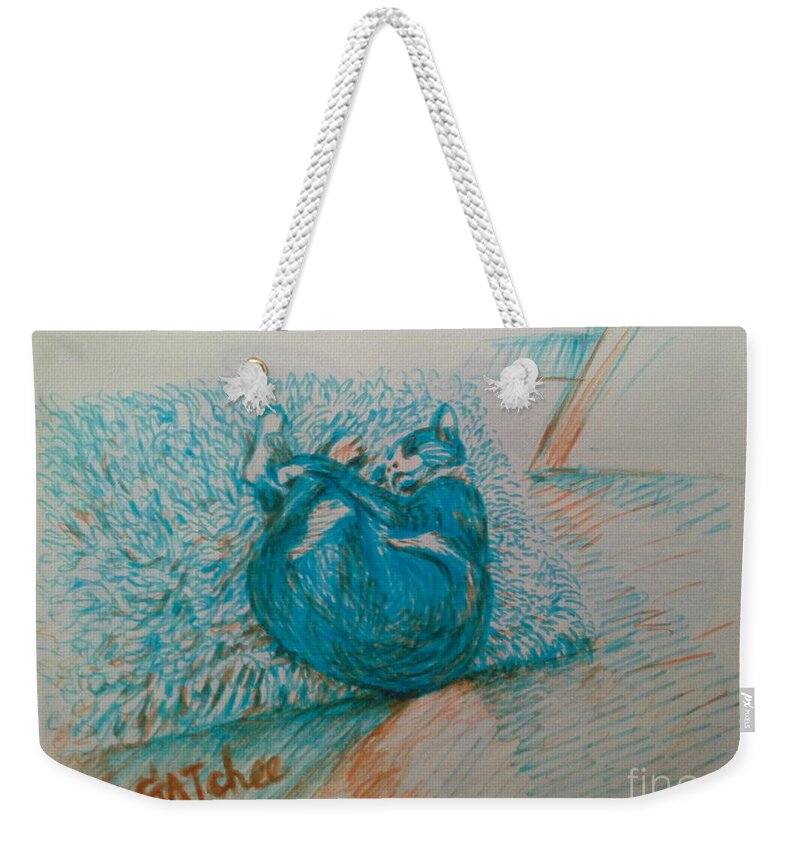 Cat Weekender Tote Bag featuring the drawing Gatchee has her own dream by Sukalya Chearanantana