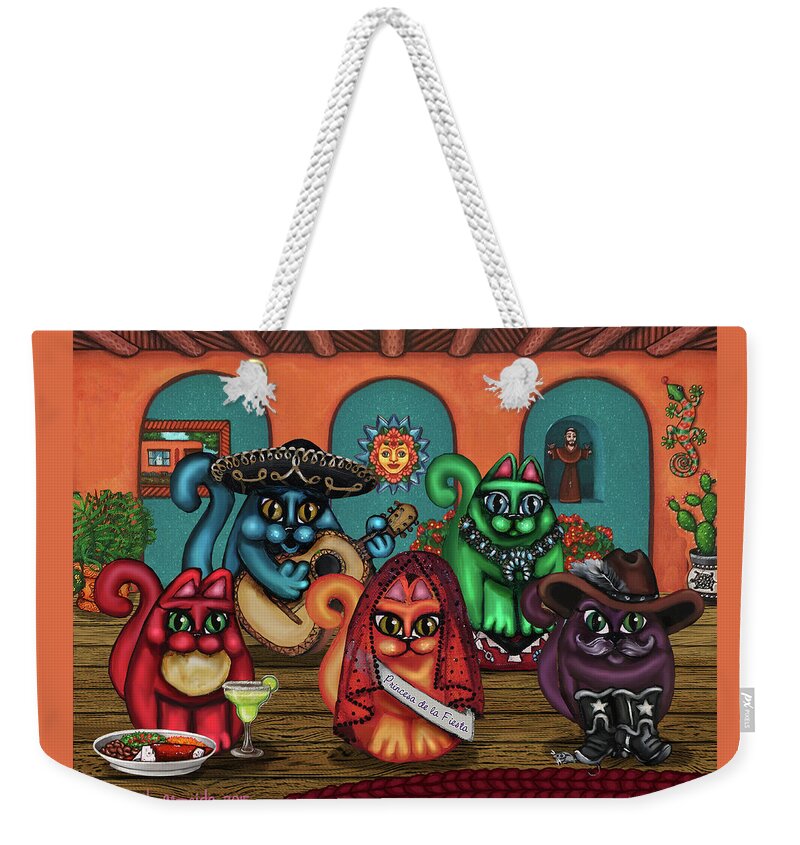 Hispanic Art Weekender Tote Bag featuring the painting Gatos de Santa Fe by Victoria De Almeida