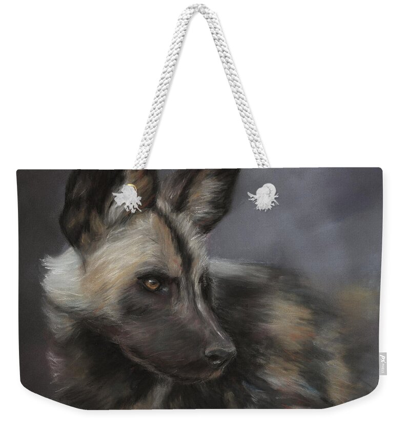 African Painted Dog Weekender Tote Bag featuring the pastel Gazing by Kirsty Rebecca
