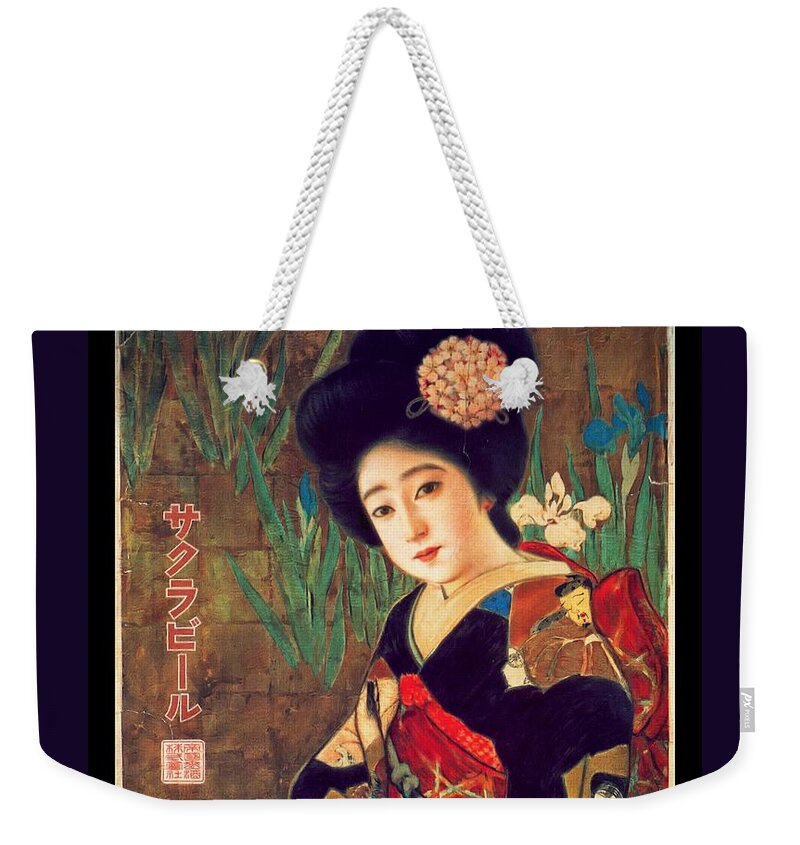 Geisha Girl Weekender Tote Bag featuring the painting Geisha Portrait - 1912 Japanese Beer Promotion Painting by Ian Gledhill