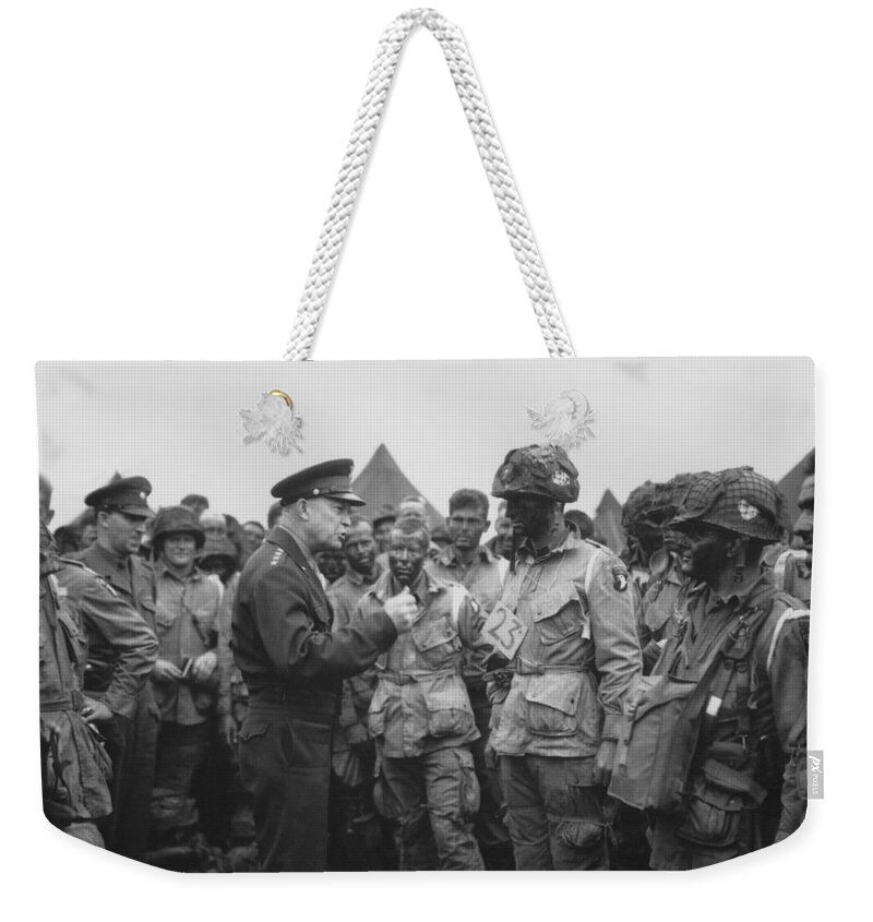 101st Airborne Division Weekender Tote Bag featuring the photograph General Eisenhower on D-Day by War Is Hell Store