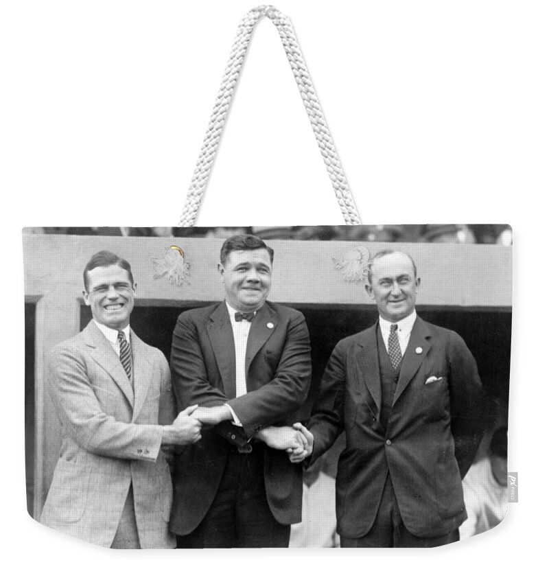 ty Cobb Weekender Tote Bag featuring the photograph George Sisler - Babe Ruth and Ty Cobb - Baseball Legends by International Images