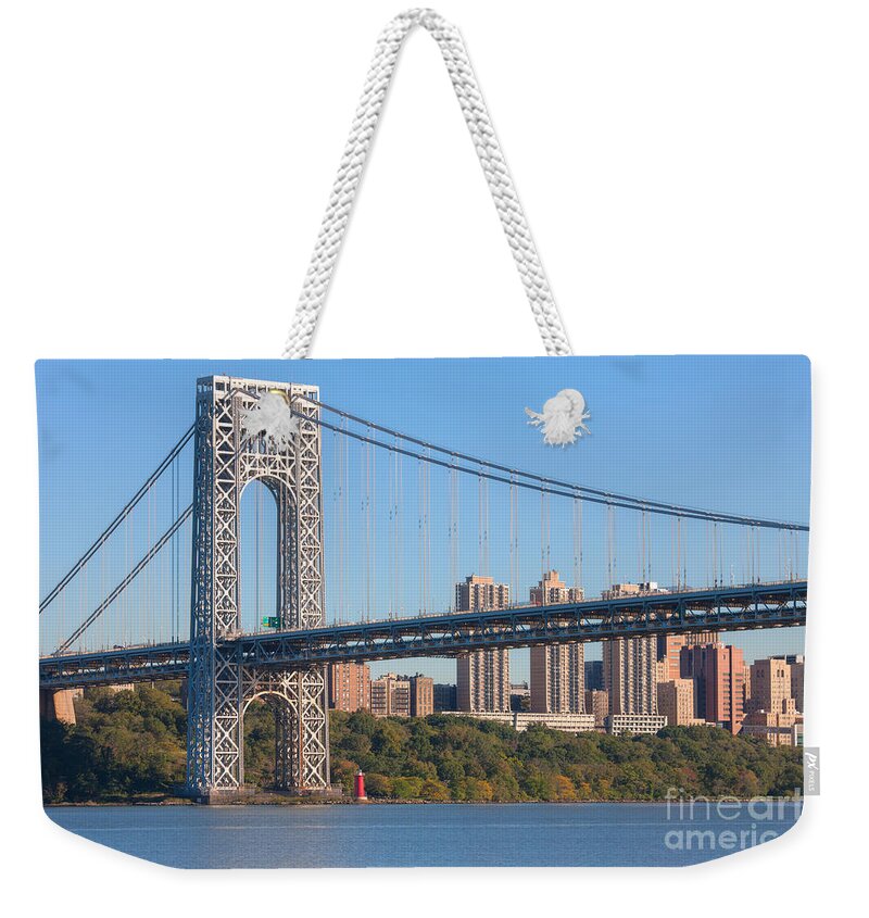 Clarence Holmes Weekender Tote Bag featuring the photograph George Washington Bridge and Lighthouse II by Clarence Holmes