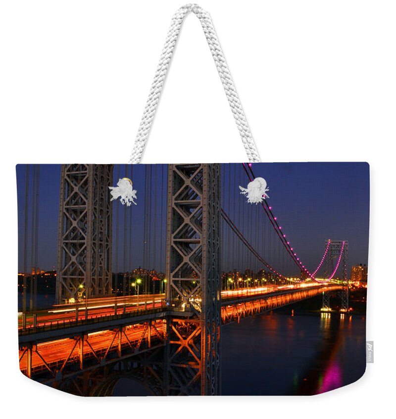 George Weekender Tote Bag featuring the photograph George Washington Bridge at Night by Zawhaus Photography