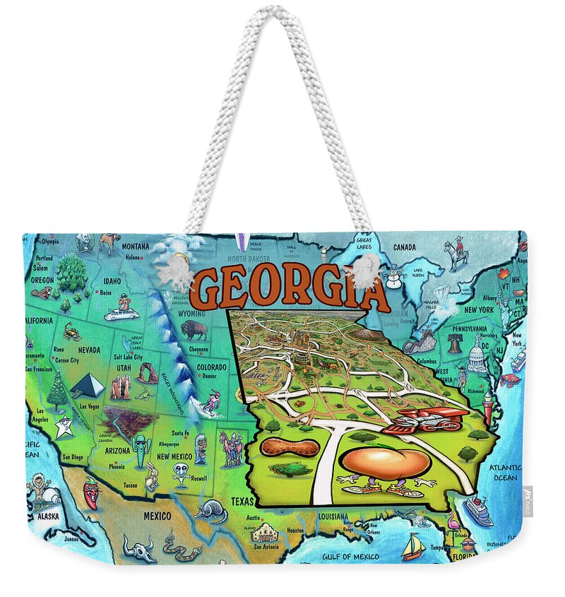 Georgia Weekender Tote Bag featuring the painting Georgia USA Cartoon Map by Kevin Middleton