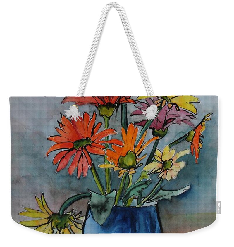 Flowers Weekender Tote Bag featuring the painting Gerberas in a Blue Pot by Ruth Kamenev