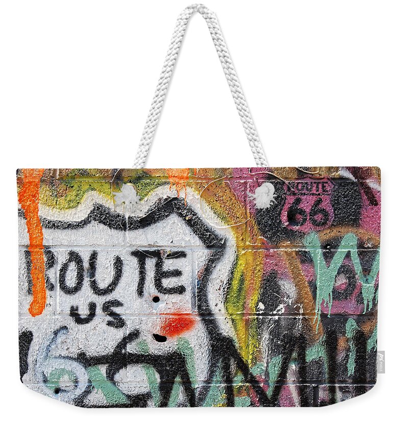United States Weekender Tote Bag featuring the photograph Get Your Kicks - Graffiti on an Abandoned Building, Route 66, California by Darin Volpe