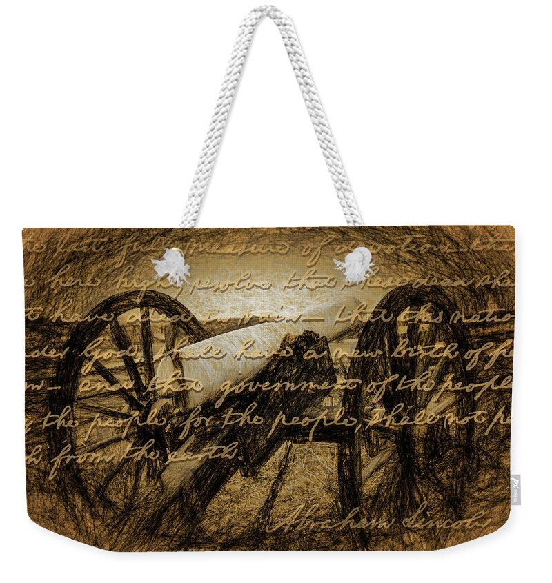 Gettysburg Weekender Tote Bag featuring the digital art Gettysburg Cannon with Gettysburg Address by Barry Wills