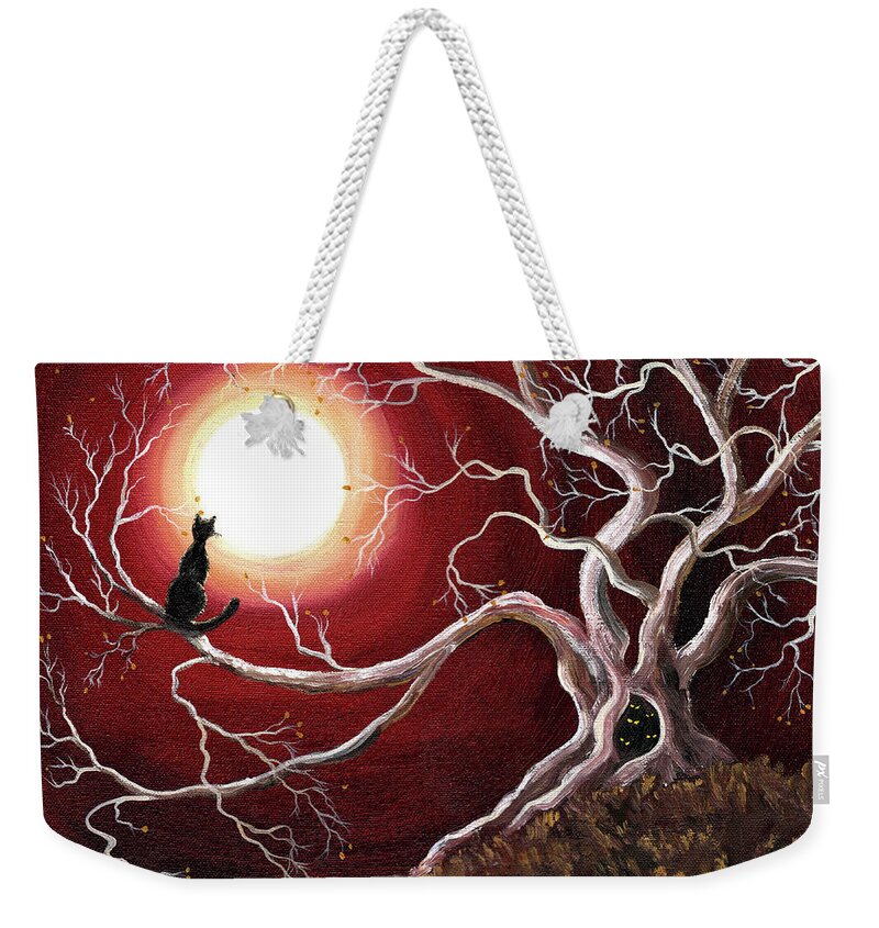Red Weekender Tote Bag featuring the painting Ghostly Tree with Black Cat by Laura Iverson