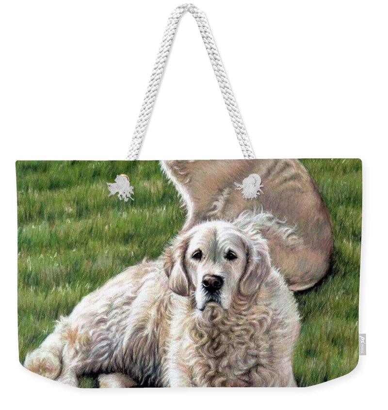Dog Weekender Tote Bag featuring the pastel Gina and Boomer by Nicole Zeug