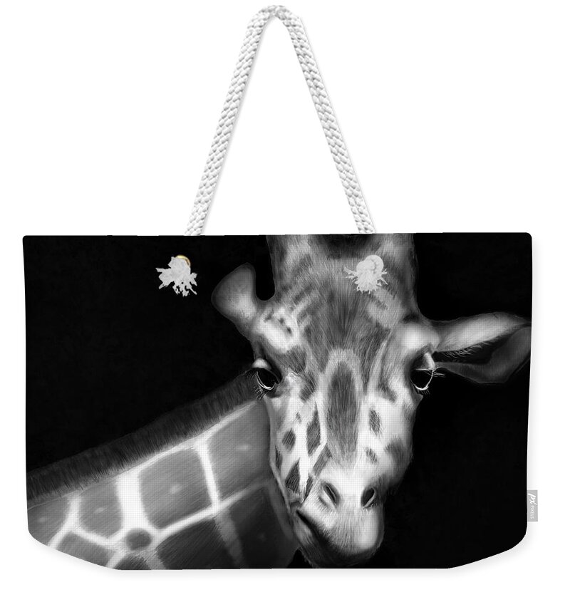 Giraffe Weekender Tote Bag featuring the digital art Giraffe in Black and White by Angela Murdock