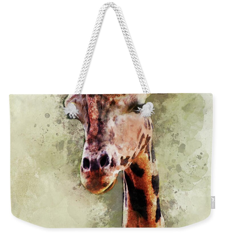 Giraffe Weekender Tote Bag featuring the digital art Giraffe portrait by Jaroslaw Blaminsky