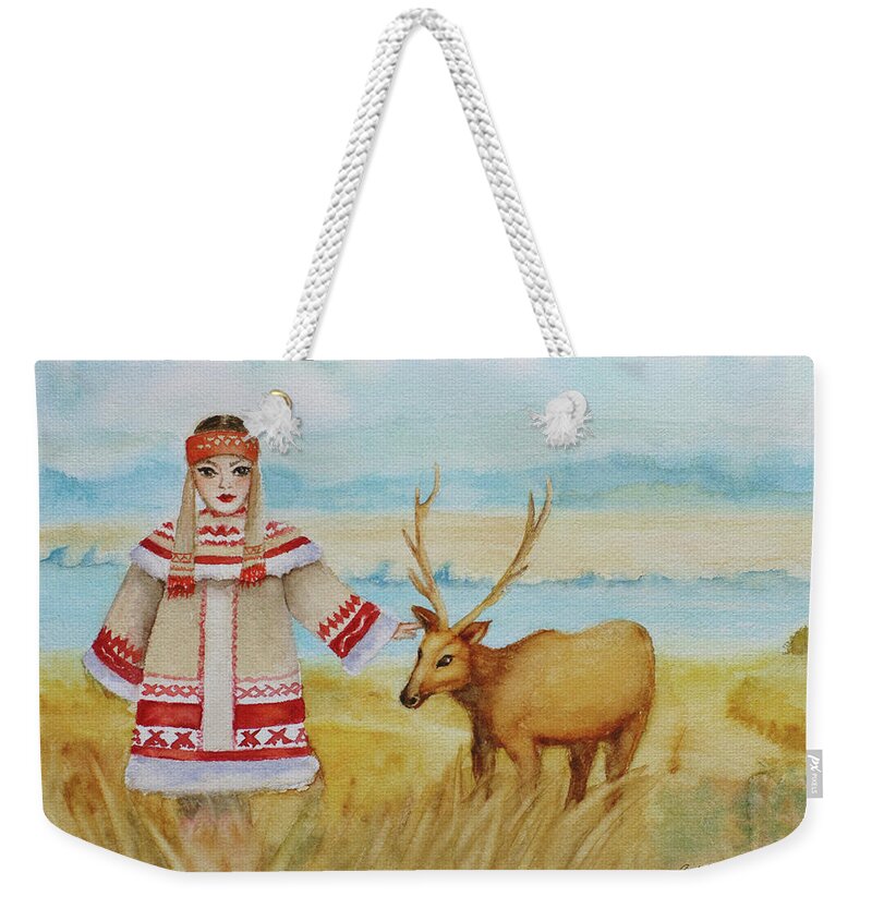 Reindeer Weekender Tote Bag featuring the painting Girl and deer by Alla Kolerskaya