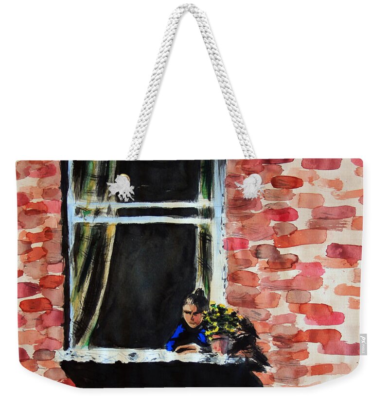Bonnie Follett Weekender Tote Bag featuring the painting Girl at Window by Bonnie Follett
