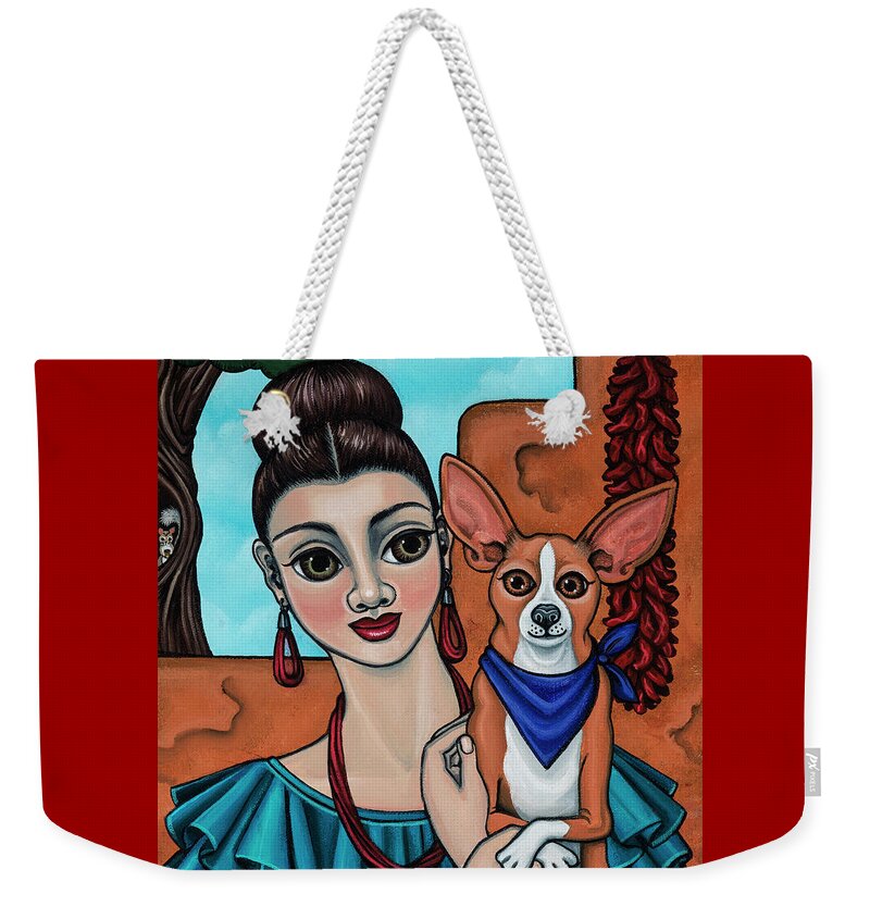 Chihuahua Art Weekender Tote Bag featuring the painting Girl Holding Chihuahua Art Dog Painting by Victoria De Almeida