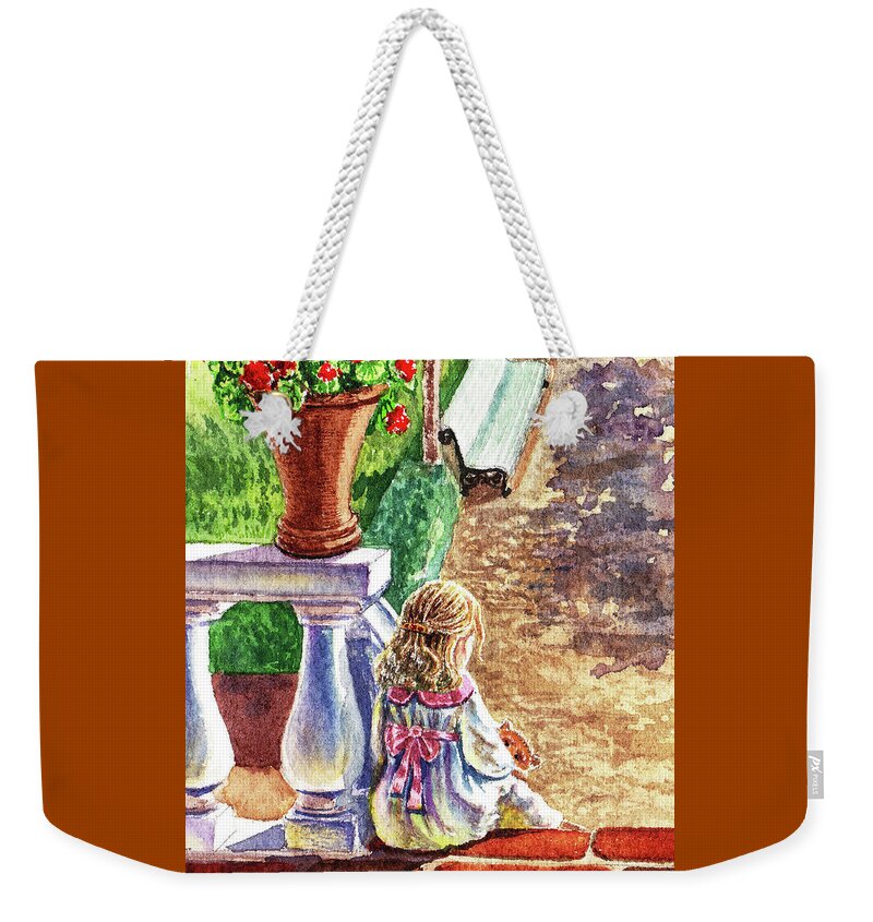 Girl Weekender Tote Bag featuring the painting Girl In The Garden With Teddy Bear by Irina Sztukowski